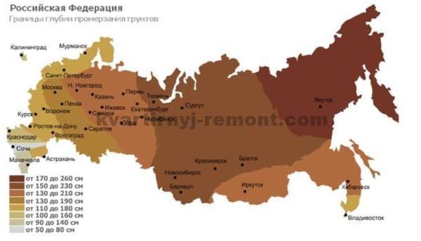На фото – Средняя глубина промерзания грунта по регионам России.