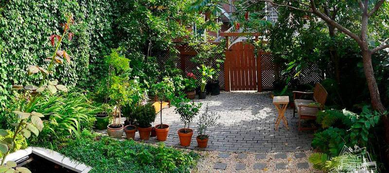 Это фото объясняет, как обустроить садовый домик качественно при ограниченном свободном пространстве. Необходимо использовать вертикальное озеленение, тщательно планировать распределение территории для функциональных зон