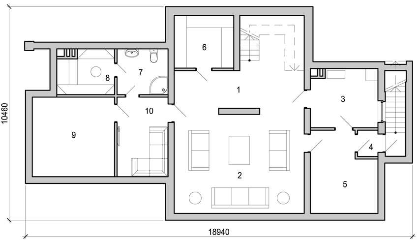 План подвального этажа, где 1 – холл, 2 – комната отдыха, 3 – топочно-постирочная, 4 – тамбур, 5 – кладовая, 6 – кладовая, 7 – санузел, 8 – сауна, 9 – спортзал, 10 – терраса