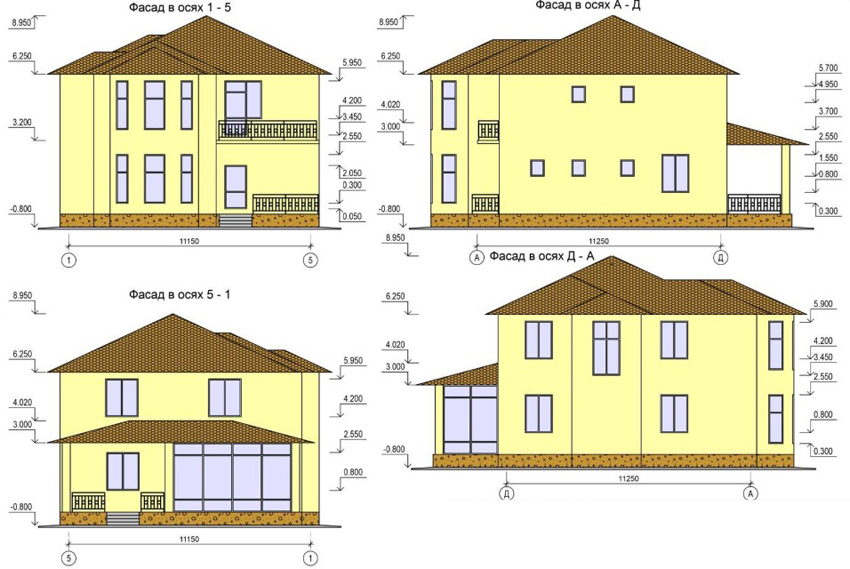 Чертежи с изображением фасада двухэтажного дома с разных сторон